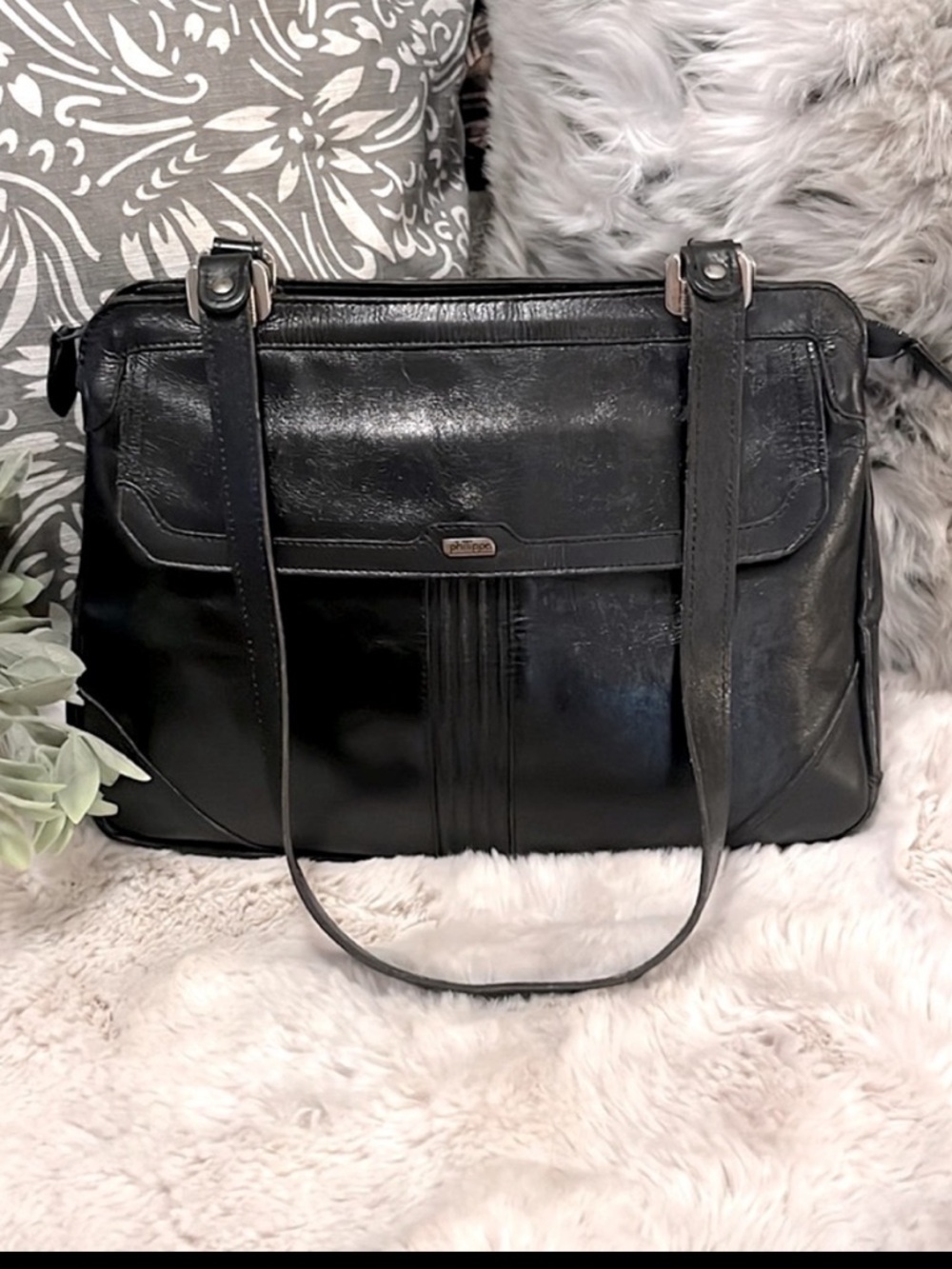 Vintage Phillippe Black Leather Two Handle Shoulder Bag Purse
